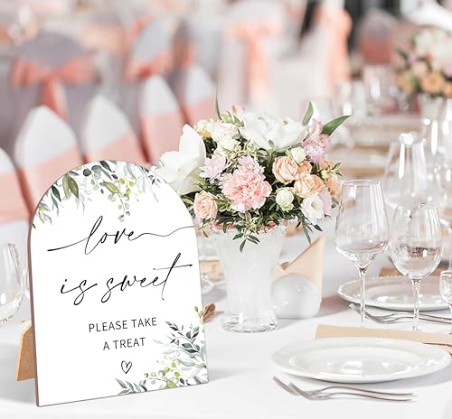 Greenery Love is Sweet Sign, Wedding Ceremony Signs, 6 x 8 Inch Arch Wooden Tabletop Sign with Stand, Wedding Reception Decoration Supplies (PZ05) - color: Love is Sweet