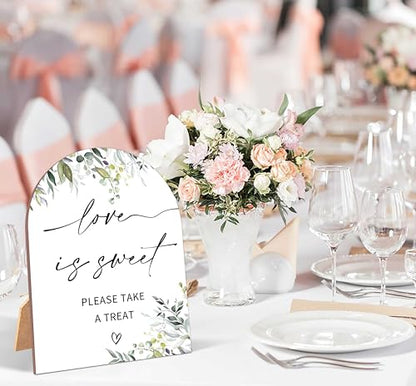 Greenery Love is Sweet Sign, Wedding Ceremony Signs, 6 x 8 Inch Arch Wooden Tabletop Sign with Stand, Wedding Reception Decoration Supplies (PZ05) - color: Love is Sweet
