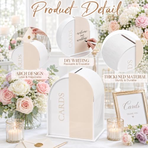 White Arched Wedding Card Box with Light Beige Standee & Erasable Pen | Acrylic Wedding Card Boxes for Reception, Wide Slot, Wedding Box for Cards and Money, for Birthday Graduation Baby Shower - color: Light Beige