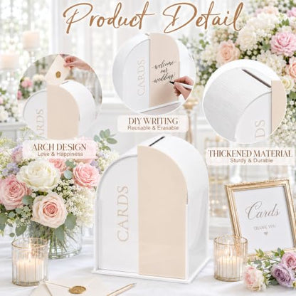 White Arched Wedding Card Box with Light Beige Standee & Erasable Pen | Acrylic Wedding Card Boxes for Reception, Wide Slot, Wedding Box for Cards and Money, for Birthday Graduation Baby Shower - color: Light Beige