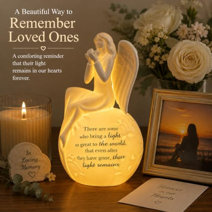 Memorial Angel Figurine with LED Light, Sympathy Gifts for Loss of Loved One, Ceramic Remembrance Angel Statue, Bereavement Gift, Funeral Keepsake, in Memory Gift, Batteries Included - color: White With Warm Light