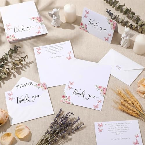 Fumete 50 Set Funeral Thank You Cards, Pink Butterfly - style: Pink Butterfly
