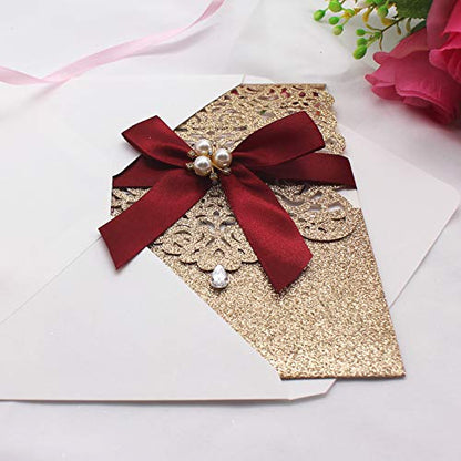 25Pcs Gold Glitter Laser Cut Invitations with RSVP Cards and Envelopes - color: Glitter Gold