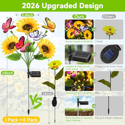 Solar Sunflower Lights with Butterflies, Bright Garden Light Outdoor Decor | Waterproof Lifelike Sunflower Blooms, Auto On/Off, Solar Flower Lights for Yards, Patios, Paths, Gifts for Women Mom Grandma - size: Butterfly Sunflower - 3PC