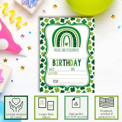 St. Patrick's Day Green Shamrock Rainbow Themed Birthday Party Invitations for Kids, 20 5x7 Fill In Cards with Twenty White Envelopes by AmandaCreation - style: Green Shamrock