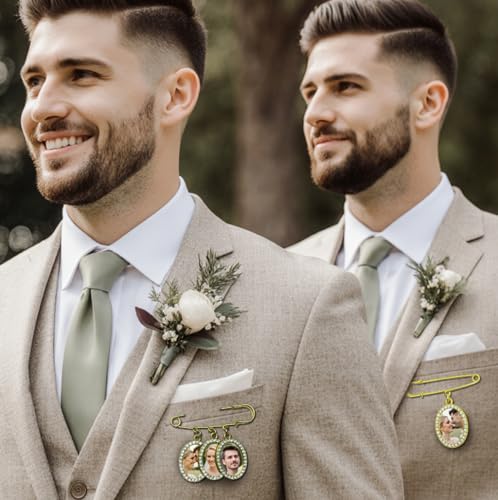 Wedding Bouquet Photo Charms Memorial Custom Boutonniere Bachelor Bridal - style: Oval - Rhinestone Frame Gold/ Silver & UV Photo