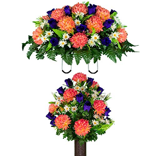 Artificial Cemetery Flowers – Realistic Vibrant Roses, Outdoor Grave Decorations - Non-Bleed Colors, and Easy Fit - 1 Salmon Pink Mum and Purple Rose Bouquet & 1 Saddle - color: Salmon, size: 1 Bouquet and 1 Saddle