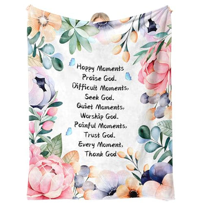 Christian Inspirational Quote Throw Blanket 50 x 60, Happy Moments Praise God Prayer Blanket, Faith Gift for Women Mom Sister Friend, Encouragement Get Well, Mothers Day Christmas (Christian)