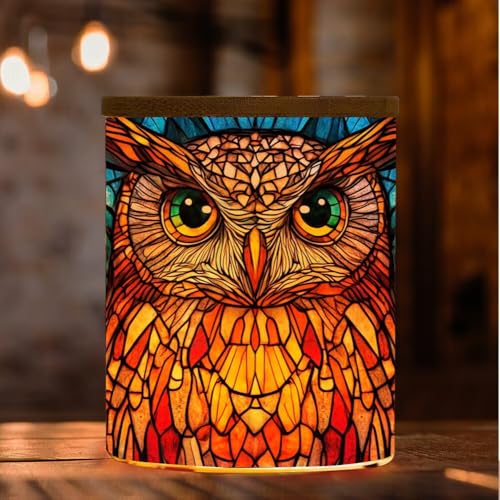 Owl Stained Glass Candle Jar Tea Light Holder, Battery Operated Tealight Candle Holders Flickering Tea Light, Vintage Glass Candlesticks Tea Light Jar Inspiration Trinket Jar Makeup Tube - color: Owl