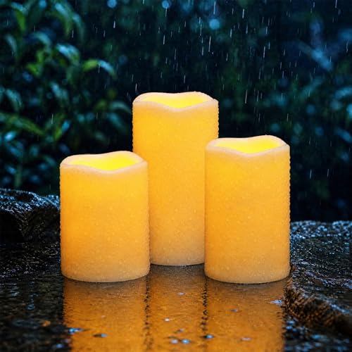Homemory Outdoor Waterproof Flameless Candles with Auto Light Sensor, Flickering LED Pillar Candles, Dusk to Dawn Battery Operated Fake Candles Lanterns, Porch, Patio, Garden Decor, Set of 3 - color: D3"xH4"5"6"