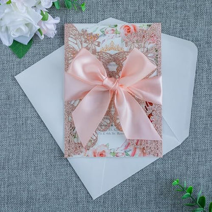 20 PCS Butterfly Quinceanera Invitation, Laser Cut Invitation Cards | 5.12x7.2" Rose Gold Glitter Butterfly Quinceanera Invitation with Envelopes for XV Anos Bridal Shower Baby Shower Invite - color: Rose Gold Glitter