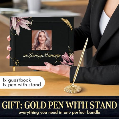Hardcover Funeral Guest Book with Photo Slot – 9x7 Inch Memorial Sign-In Book, In Loving Memory Keepsake with Gold Stamping, 96 Pages, Ribbon Bookmark & Pen – Elegant Tribute for Celebration of Life