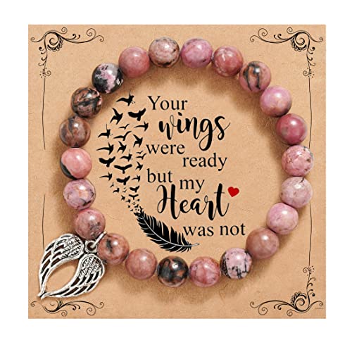 QWNHONEY Memorial Gifts for Loss of Loved Sympathy Remembrance In Memory of Mother Father Pet Bereavement Grief Pink Red Beads Bracelet with Angle Wings Jewelry Gifts for Women - style: Redbean-Wings-Your wings were ready
