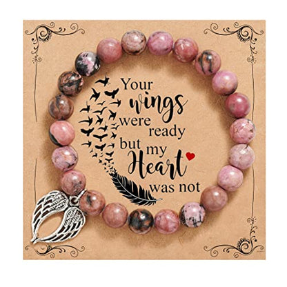 QWNHONEY Memorial Gifts for Loss of Loved Sympathy Remembrance In Memory of Mother Father Pet Bereavement Grief Pink Red Beads Bracelet with Angle Wings Jewelry Gifts for Women - style: Redbean-Wings-Your wings were ready