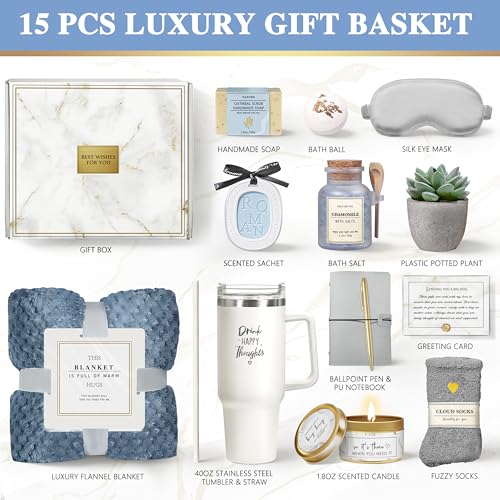 Care Package for Women, 15PC Self Care Gifts for Women Get Well Soon After Surgery, Spa Gift Baskets Mothers Day Birthday Gifts Thank You, Grief, Sympathy Gift for Mom Her Girlfriend Sister Friend - color: Blue