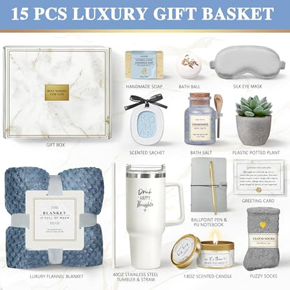 Care Package for Women, 15PC Self Care Gifts for Women Get Well Soon After Surgery, Spa Gift Baskets Mothers Day Birthday Gifts Thank You, Grief, Sympathy Gift for Mom Her Girlfriend Sister Friend - color: Blue