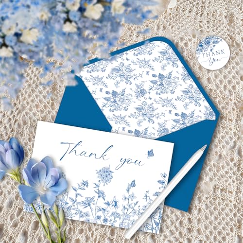 24 Pack Blue Floral Thank You Cards With Envelopes and Stickers, Blue Porcelain Flowers Thank You Cards for Summer Wedding Bridal, Baby Shower, Graduation Ceremony Birthday Greeting Letter - style: 24pcs - Celadon Flowers