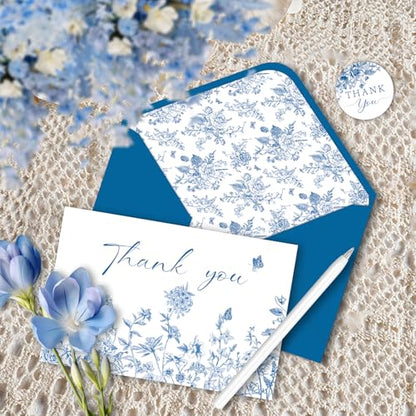 24 Pack Blue Floral Thank You Cards With Envelopes and Stickers, Blue Porcelain Flowers Thank You Cards for Summer Wedding Bridal, Baby Shower, Graduation Ceremony Birthday Greeting Letter - style: 24pcs - Celadon Flowers