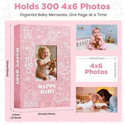 Baby Photo Album 4x6 300 Pockets with Memo Area, Photo Stickers & Hand and Footprint Kit, Linen Cover Baby Memory Book with Front Window, First Year Keepsake for Newborn Boy Girl - color: Pink