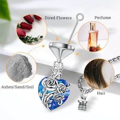 Urn Necklace for Ashes for Women/Men 925 Sterling Silver Cremation Jewelry w/Funnel Filler Memorial Jewelry Gifts - color: A-Rose (Blue Crystal), style: Non - Customized