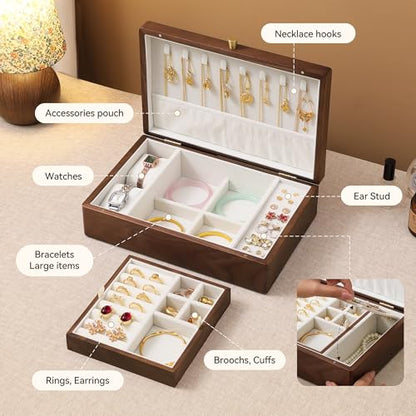 Black Walnut Wooden Jewelry Box, 2 Layer Large Necklace Organizer for Women - color: 2 Layer Large