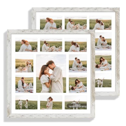 Hongkee 20x20 Square Frame 2 Pack, Fits 11 Photo with Mat- Real Glass Cover - color: Distressed White, size: 20x20 in with mat