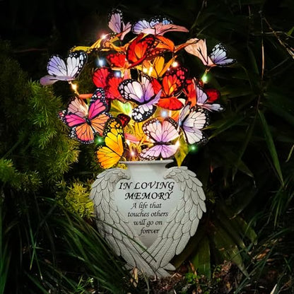Solar Angel Wing Memorial Stake - Metal Silhouette Grave Decorations for Cemetery - Flat Outdoor Sympathy Gift with Butterfly Lights & Flowers - Bereavement Decor for Loss of Mom Dad（with Flowers)) - style: Angel Wings with Flowers