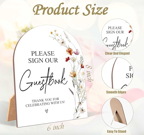 Wildflower Please Sign Our Guestbook Sign, Wedding Ceremony Signs, 6 x 8 Inch Arch Wooden Tabletop Sign with Stand, Wedding Reception Decoration Supplies (AG02) - color: Please Sign Our Guestbook