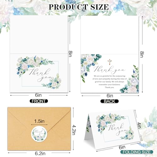 25 Funeral Thank You Cards with Envelopes, Messages Inside, 4×6 In | Floral Watercolor Cross Designs, Bereavement Sympathy Thank You Cards,Matching Stickers,for Funeral Family Friends Loved Ones