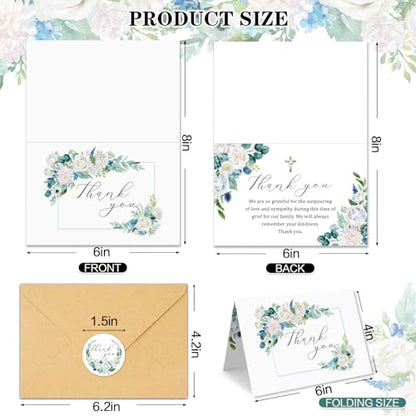 25 Funeral Thank You Cards with Envelopes, Messages Inside, 4×6 In | Floral Watercolor Cross Designs, Bereavement Sympathy Thank You Cards,Matching Stickers,for Funeral Family Friends Loved Ones