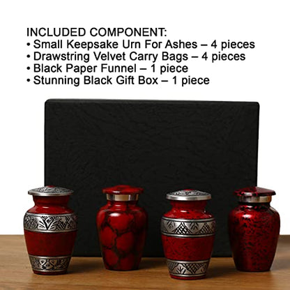 Small Urns for Human Ashes of Adult Male Female | Set of 4 Red Keepsake Vials for Funeral Remains with A Paper Funnel 4 Velvet Bags and A Beautiful Gift Box | Keepsakes and Urns - color: Red