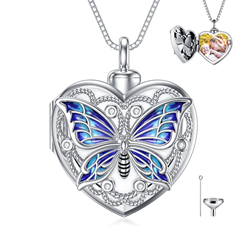 WINNICACA Cremation Jewelry for Ashes Locket Ashes Necklace Urn Necklace for Women Sterling Silver Cremation Necklace for Ashes Fine Keepsake Picture Necklace Memorial Jewelry - style: B01-Butterfly Urn Locket Necklace