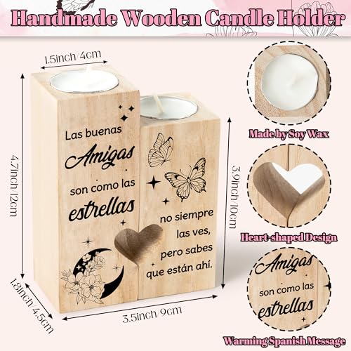 Zainpe Spanish Sister Best Friend Bestie Candle Holders Regalo para Amiga, Wooden Heart Double Sided Printing Candlestick Personalized Friendship Birthday for Mum Women Girl Soul - color: Sister & Butterfly