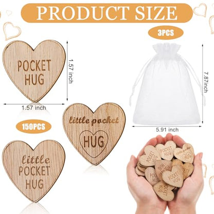 CroBlissful 150 Pcs Wooden Pocket Hug Token Bulk with 3 Pcs Organza Bags Remembrance Little Heart Star Round Pocket Hug Keepsake for Family Birthday Celebration of Life Funeral Love Gifts (Heart)