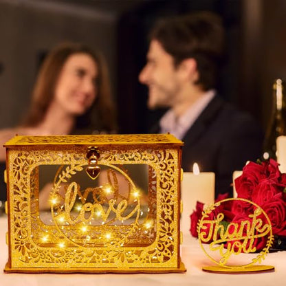 Gold Wedding Card Box, Glitter Wooden Card Box for Wedding Reception - style: Gold glitter