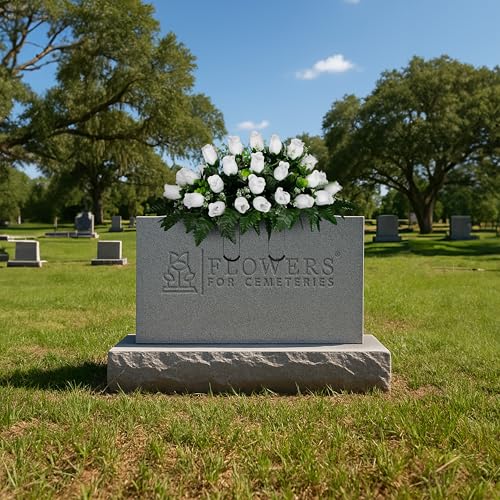 Sympathy Silks 30" Headstone Flower Saddle Artificial Cemetery Flowers - Gravesite Flowers - White Roses - color: White Roses, size: Saddle