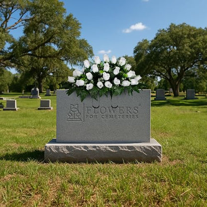 Sympathy Silks 30" Headstone Flower Saddle Artificial Cemetery Flowers - Gravesite Flowers - White Roses - color: White Roses, size: Saddle