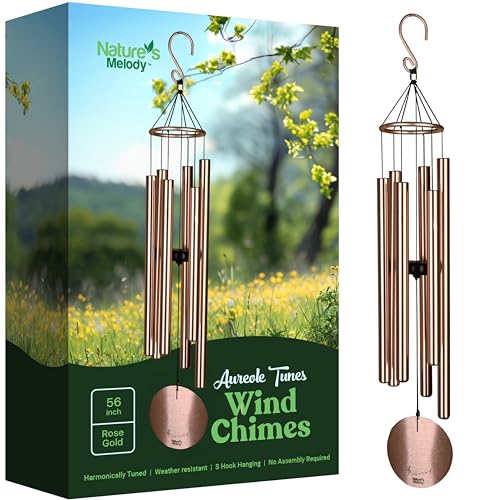 Nature’s Melody Aureole Tunes Wind Chimes – Outdoor Windchime with 6 Tubes Tuned to C Pentatonic Scale, 100% Rustproof Aluminum, Powder Finish & S Hook Hanger for Sympathy, Memorial Gift or Zen Garden - color: Rose Gold, size: 56"