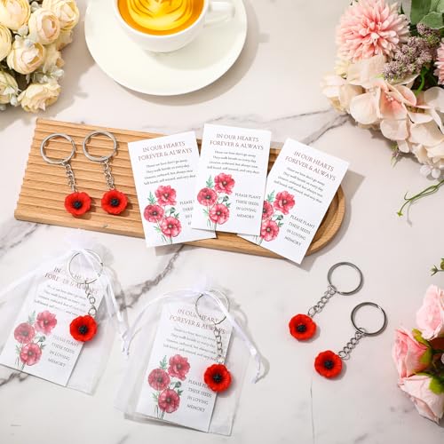 50 Sets Memorial Day Favors for Guests Bulk Remembrance Poppy Keychains with Seed Packets Celebration of Life Keepsakes