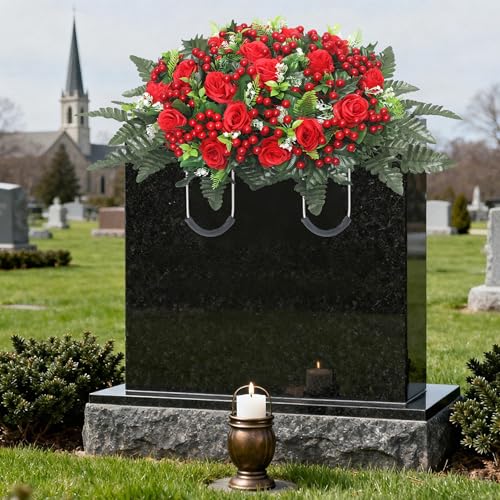 Christmas Artificial Cemetery Flowers,Artificial Cemetery Flowers Saddle for Outdoor Gravesite Tombstone Decorations,Roses and Artificial Red Berries Stems Ornaments