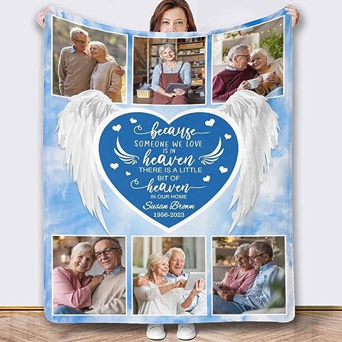 Custom Blanket for Mom in Heaven Personalized Blue Heart Angel Wings Memorial Throw Blanket with Picture Customized Loss Gift for Loved One Son, Daughter, Grandma, Grandpa, Dog, Cat 30x40 - color: Pattern 01