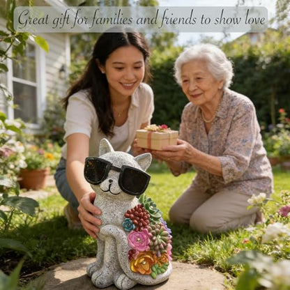 Solar Cat Garden Decor Statues with Succulent LED Lights and Sunglasses | Cat Figurines Gifts for Women Mom Grandma ，Outdoor Garden Decoration for Patio Yard Lawn - style: French