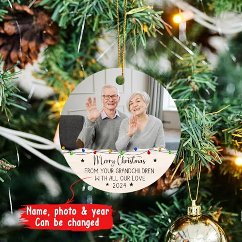 Personalized Grandparents Photo Christmas Ornament - Custom Picture Grandpa and Grandma Xmas Ornaments from Grandchildren - color: Merry Christmas Grandparents Ornament
