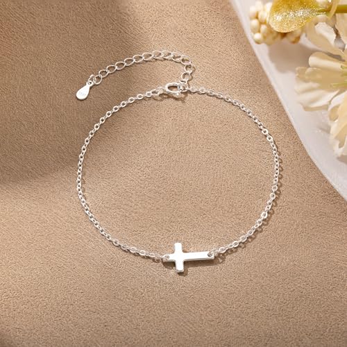 Moodear Cross Bracelet for Women, Dainty Sterling Silver/Gold Plated Gift | Christian Religious Gifts for Teen, Stocking Stuffers, Adjustable Link Bracelets, Sparkling CZ Cross, Non Tarnish Jewelry - color: Sterling Silver Cross Bracelet