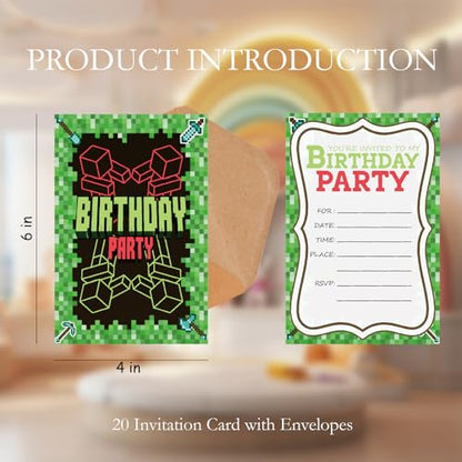 Pixel Birthday Invitations for Boys Video Gaming Invites with Envelopes 20 - color: Green Gaming Pixel