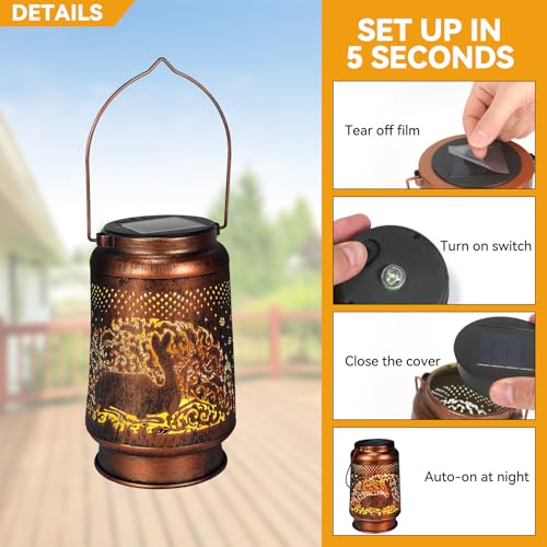 Deer Solar Lanterns Outdoor Waterproof, Birthday Gifts for Women | Garden Decor Gifts for Mom, Metal Solar Hanging Lights for Patio、Yard、Balcony、Porch - style: Deer