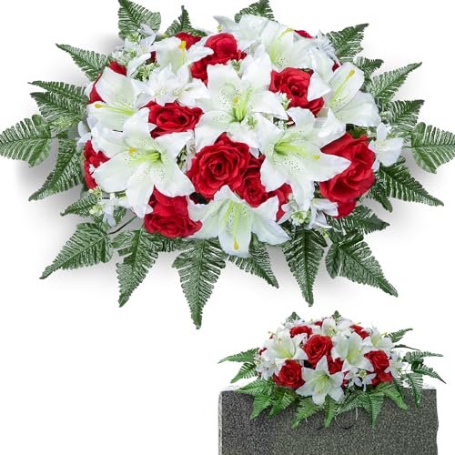 XONOR Artificial Cemetery Flower Saddles for Graves, Cemetery Memorial Flowers for Outdoor Headstone Tombstone Decorations, Lily Rose Flowers Saddle(White Lily) - color: White Lily