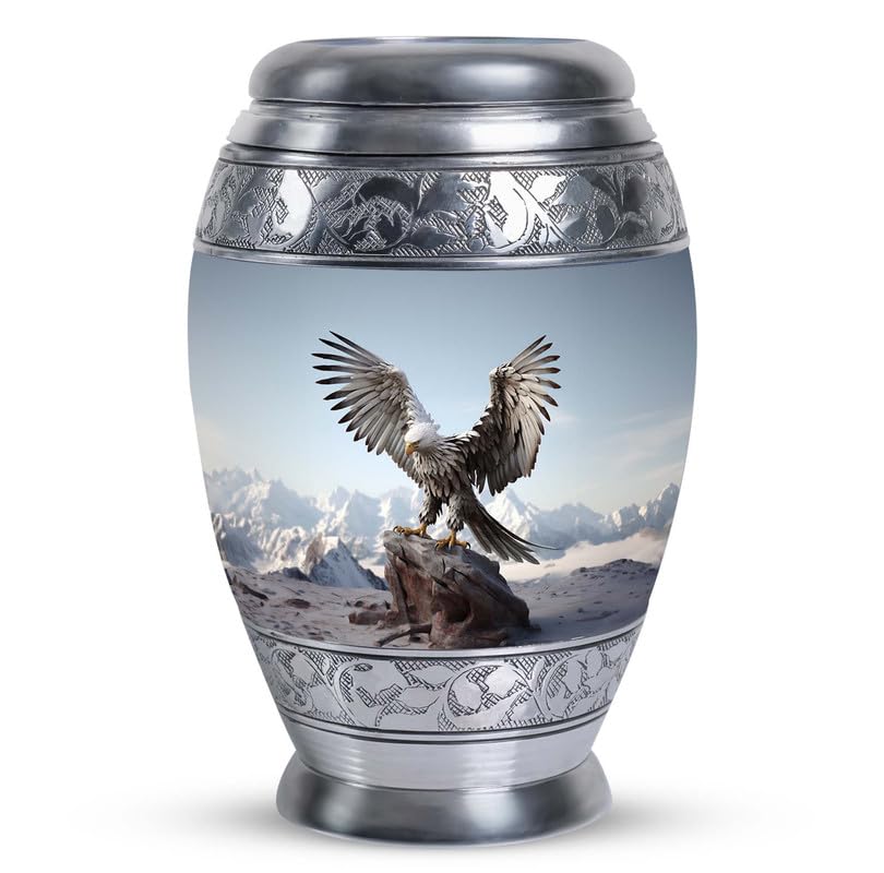 Eagle with Snow Mountains in - Burial Urn for Adult Human Ashes - Unique Urn - 10 Inch Large - Funeral Ash Holder - size: Large