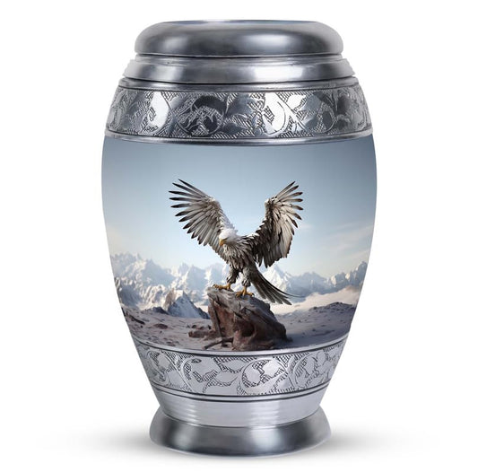 Eagle with Snow Mountains in - Burial Urn for Adult Human Ashes - Unique Urn - 10 Inch Large - Funeral Ash Holder - size: Large