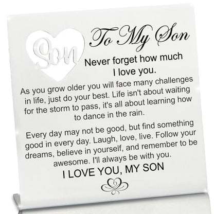 Stainless Steel Desk Plaque with Encouragement Quote, Inspirational Desk Decor Sign for Son from Mom, Heartwarming Present for Son on Birthday, Sentimental Keepsake for Sonny from Mum, Hss14 - style: Encouragement